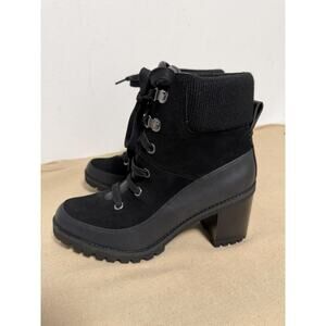 UGG Boots Womens Size 9 Black Suede Leather Lace Up Lug Sole Heel Ankle